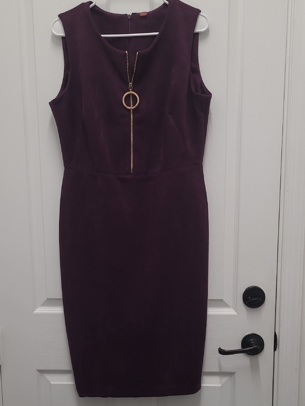 Calvin Klein  Sleeveless Plum Sheath Dress with Gold Accent